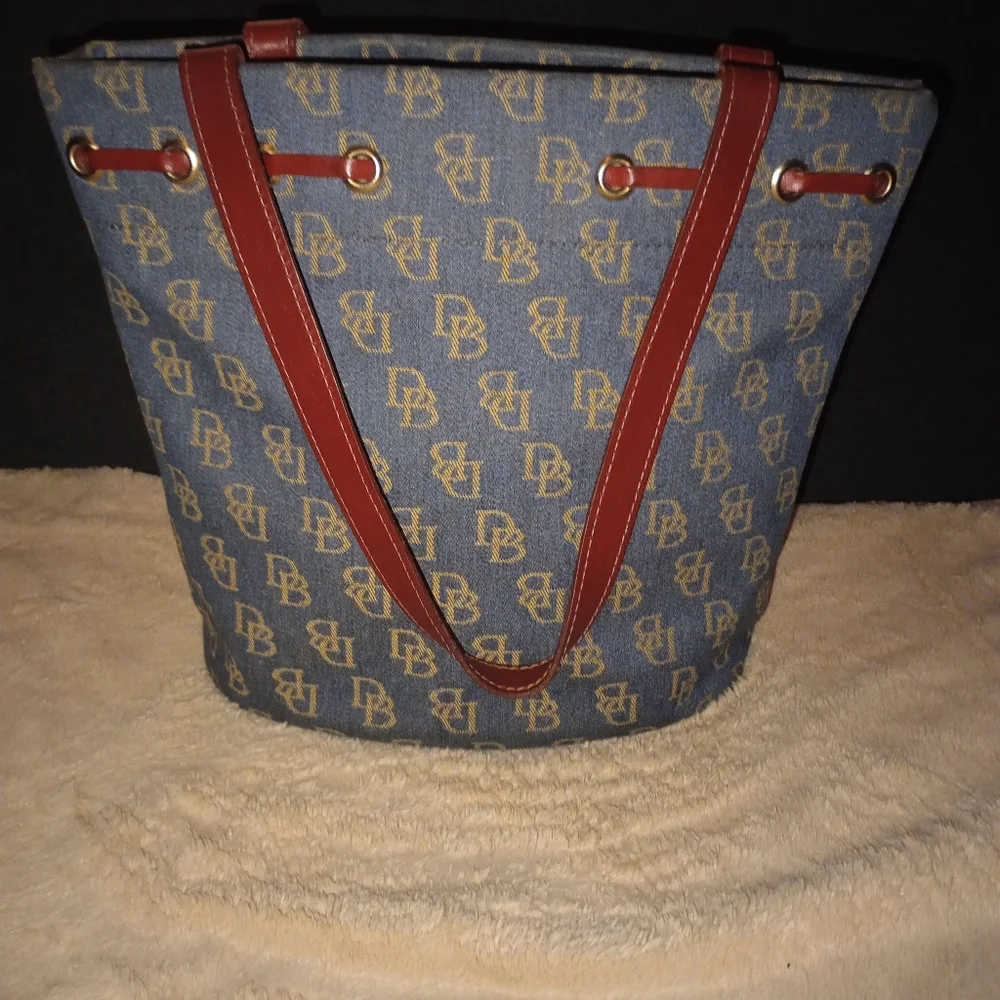 Dooney & Bourke Denim Logo Tote with Brown Leather Trim